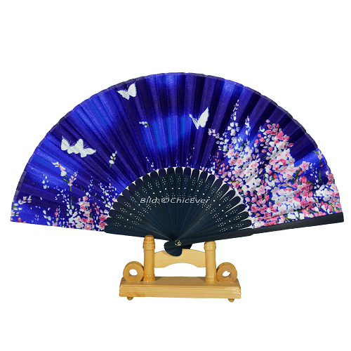 Fächer Handfächer Bambus Seide blau schwarz pink Schmetterlinge 7258 - zum Schließen ins Bild klicken